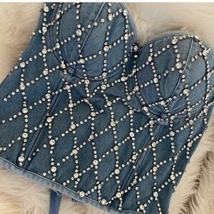 ⭐SKULL💀HOUSE Designs Denim rhinestone corset top